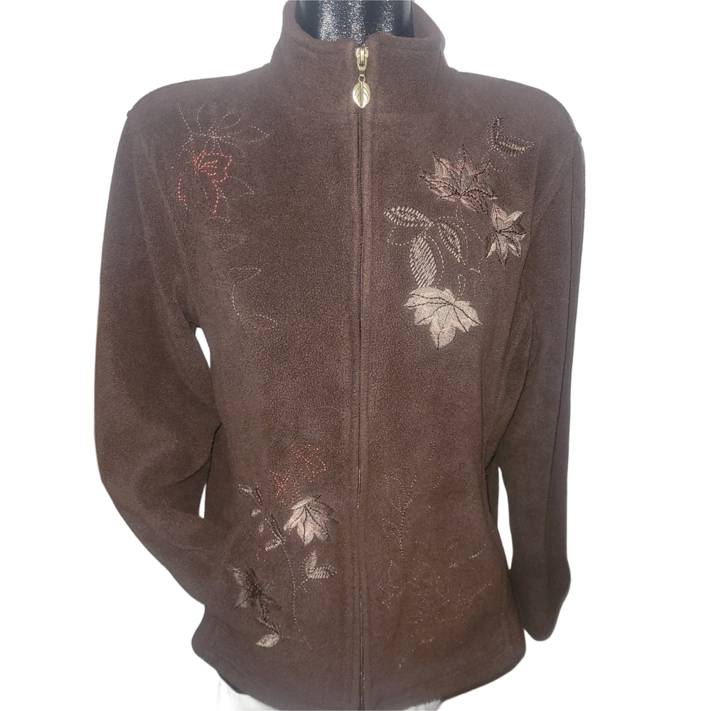 Northern Reflections 90's Brown Leaf Embroidered Fleece Zip Up Jacket L